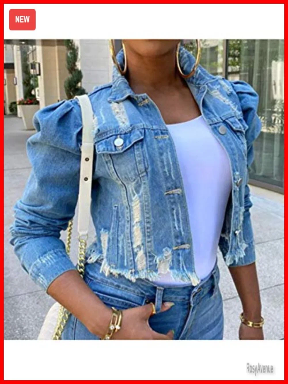 Puff Sleeve Denim Crop Top Long-Sleeve Frayed Hem Jean Jacket